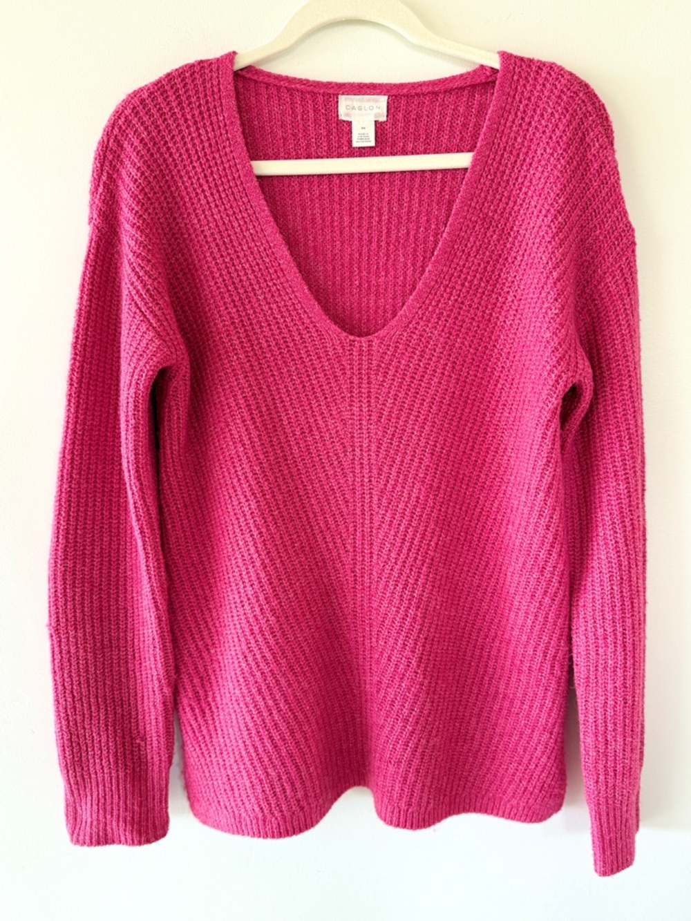 Caslon Directional V Neck Sweater Pink Cabaret Textured Knit Slouchy Womens XS - Picture 2 of 8
